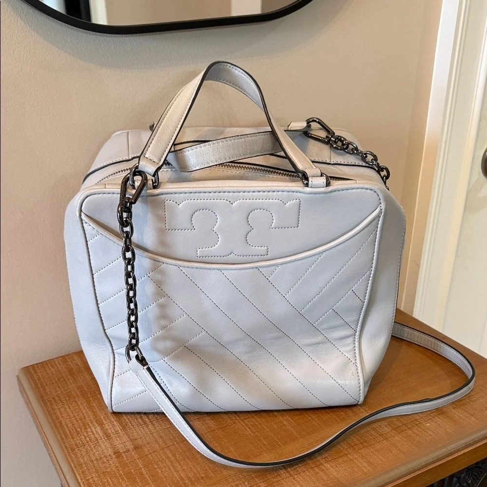 Tory Burch Fleming Satchel Gray Quilted Leather Chain Strap